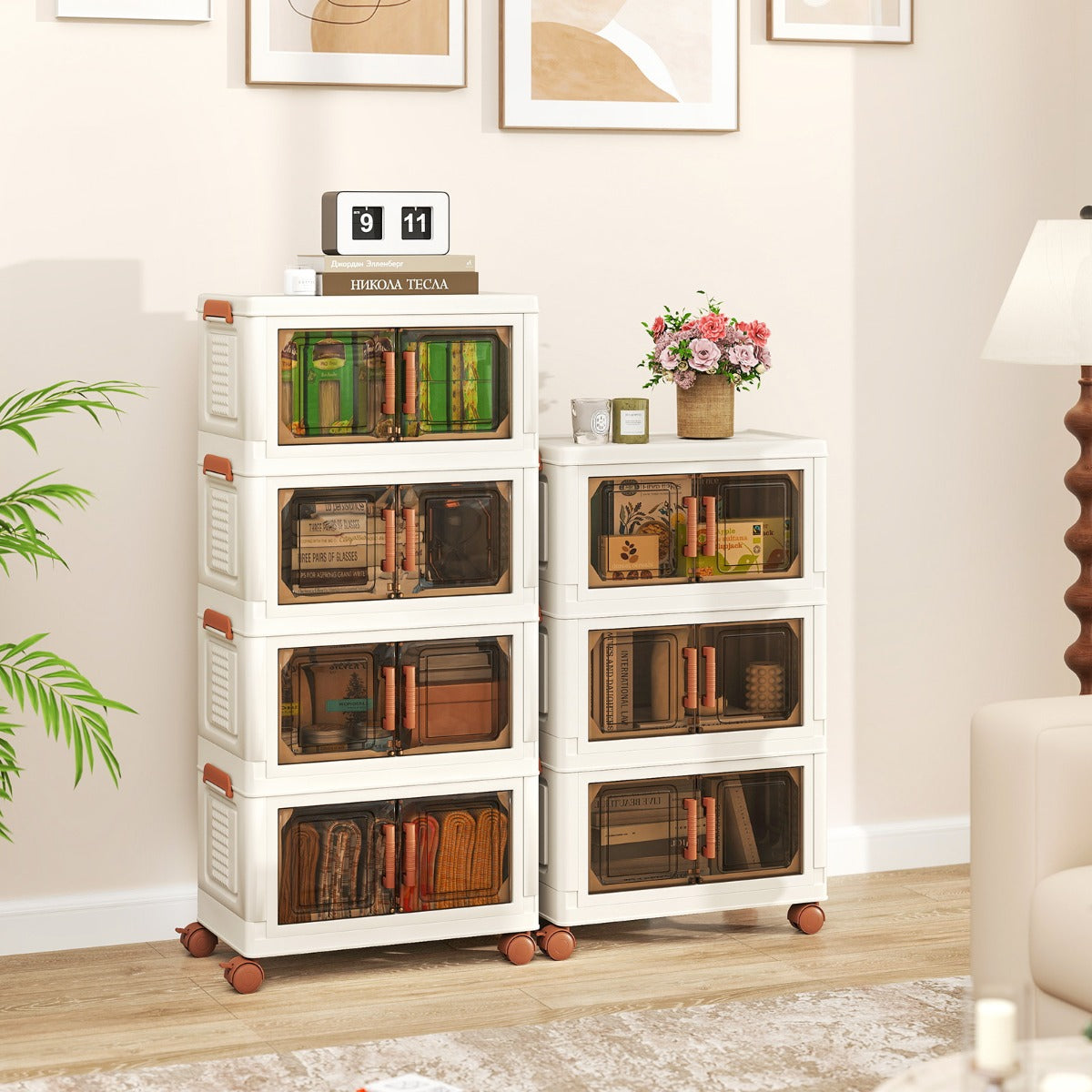 76L Collapsible Storage Bins with Lids Set of 4 Stackable Plastic Storage Boxes with Wheels White Storage Containers