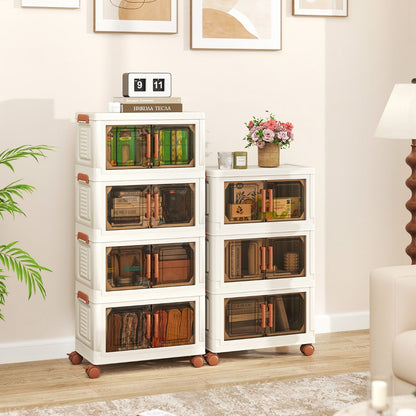 76L Collapsible Storage Bins with Lids Set of 4 Stackable Plastic Storage Boxes with Wheels White Storage Containers