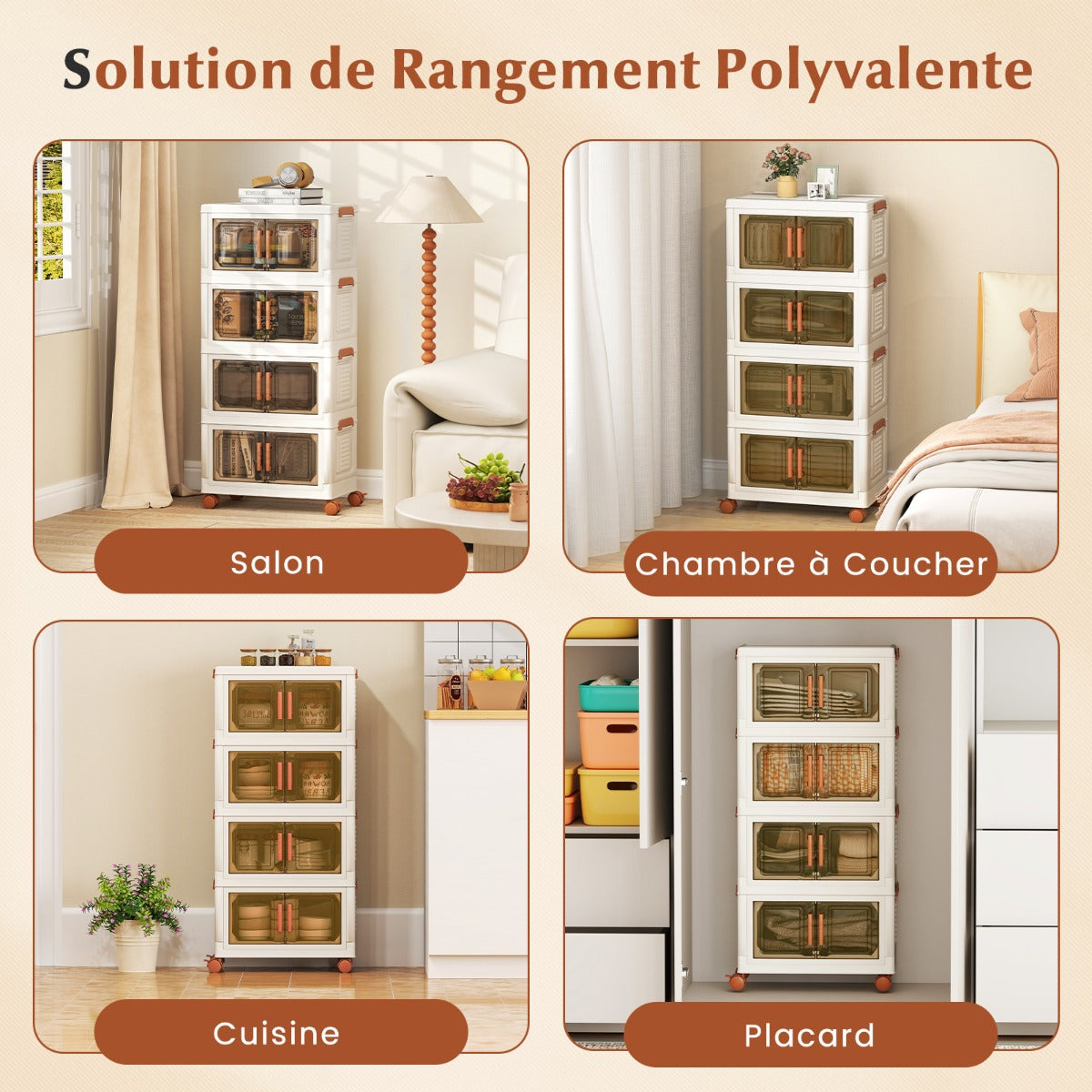 76L Collapsible Storage Bins with Lids Set of 4 Stackable Plastic Storage Boxes with Wheels White Storage Containers