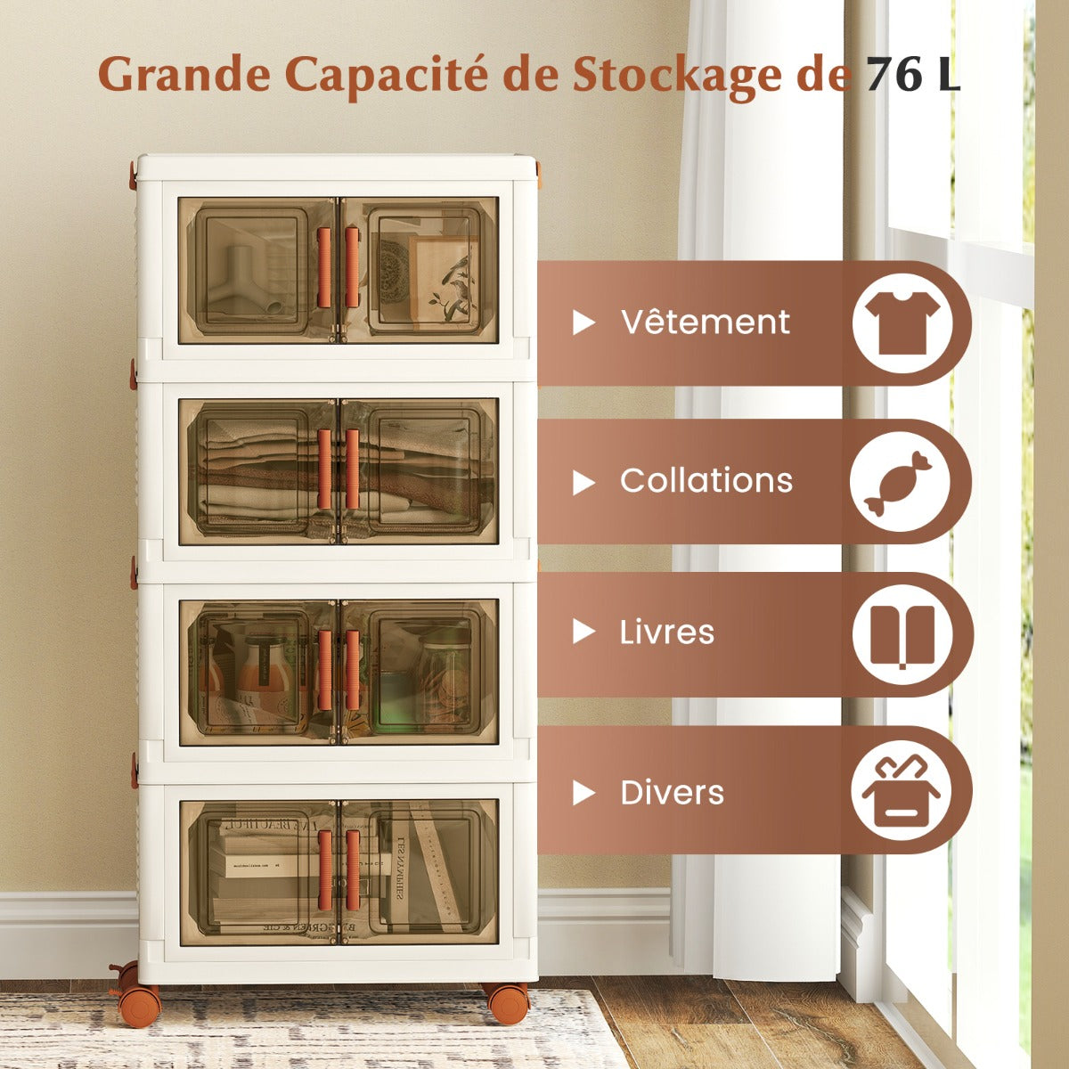 76L Collapsible Storage Bins with Lids Set of 4 Stackable Plastic Storage Boxes with Wheels White Storage Containers