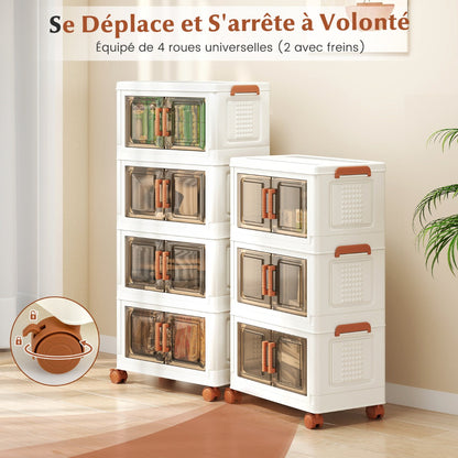 76L Collapsible Storage Bins with Lids Set of 4 Stackable Plastic Storage Boxes with Wheels White Storage Containers