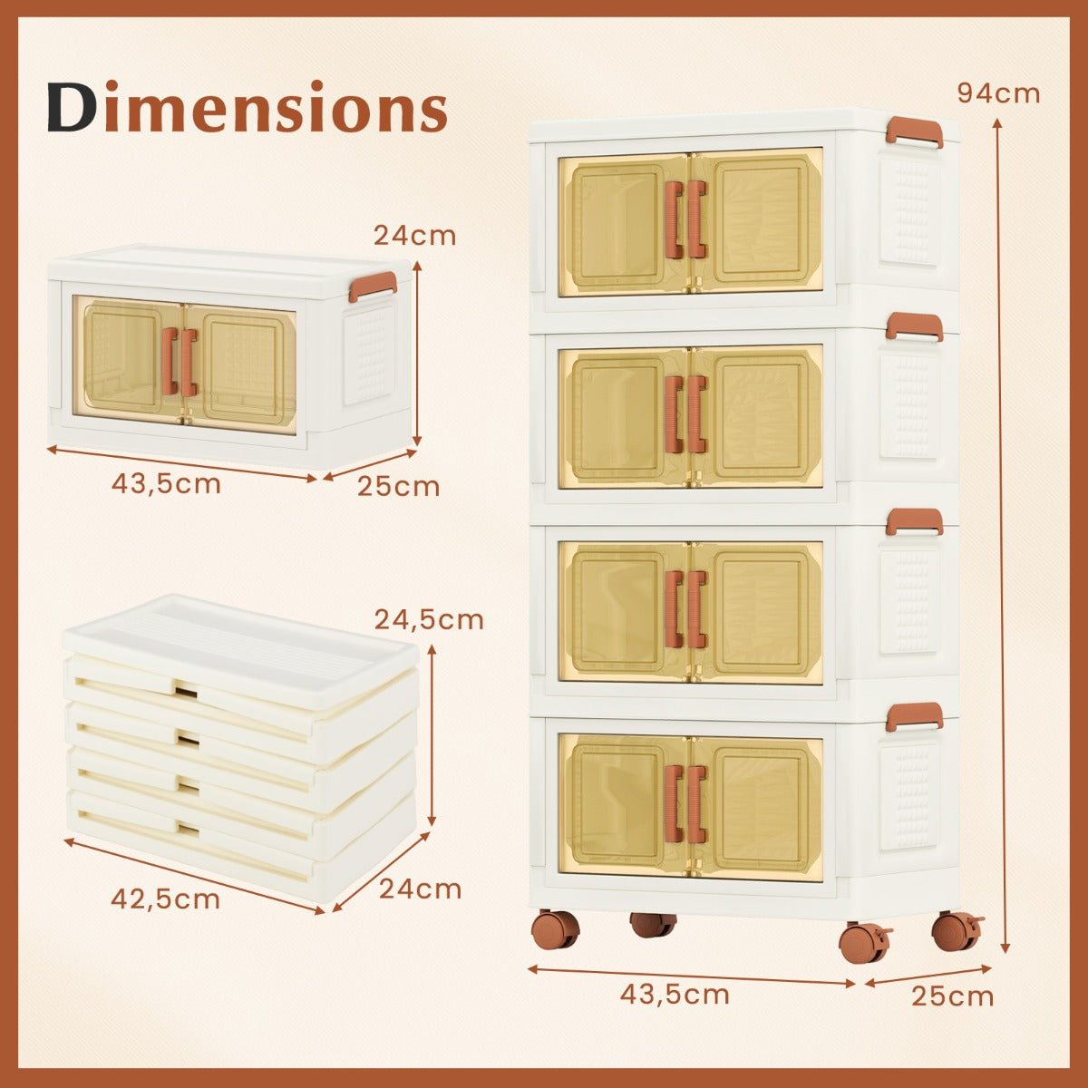 76L Collapsible Storage Bins with Lids Set of 4 Stackable Plastic Storage Boxes with Wheels White Storage Containers