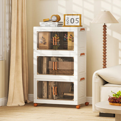 156L Collapsible Storage Bins with Lids Set of 3 Stackable Plastic Storage Boxes with Wheels White Storage Containers