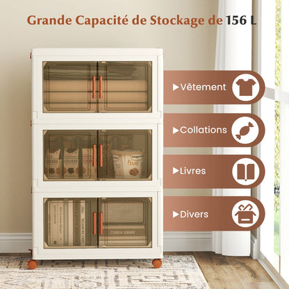 156L Collapsible Storage Bins with Lids Set of 3 Stackable Plastic Storage Boxes with Wheels White Storage Containers