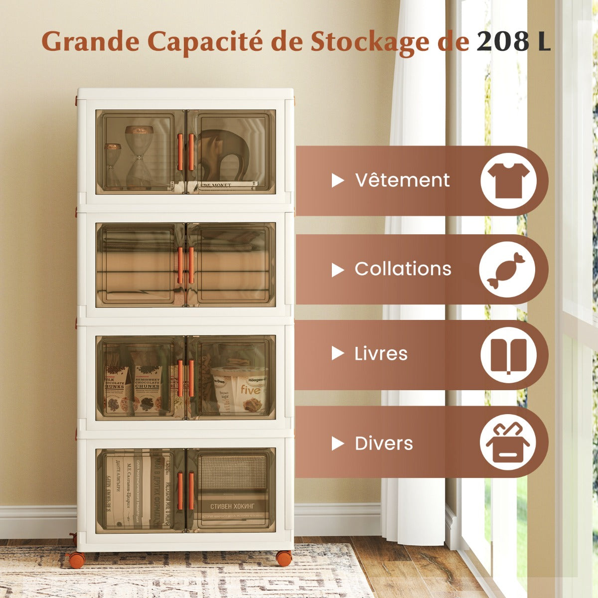 208L Collapsible Storage Bins with Lids Set of 4 Stackable Plastic Storage Boxes with Wheels White Storage Containers