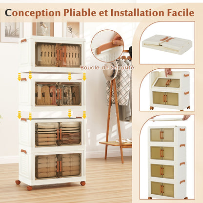 208L Collapsible Storage Bins with Lids Set of 4 Stackable Plastic Storage Boxes with Wheels White Storage Containers