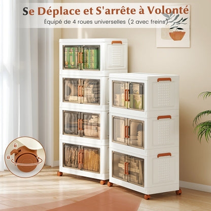 208L Collapsible Storage Bins with Lids Set of 4 Stackable Plastic Storage Boxes with Wheels White Storage Containers