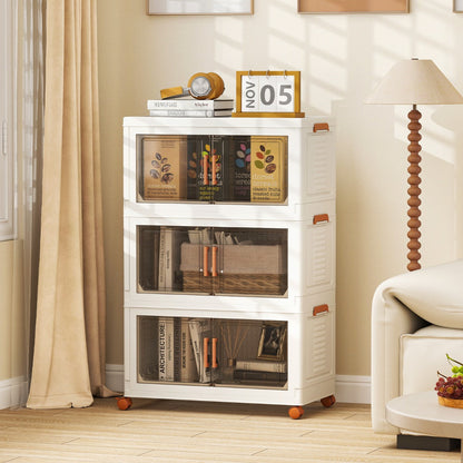 210L Foldable Storage Bins with Lids Set of 3 Stackable Plastic Storage Boxes with Wheels White Storage Containers