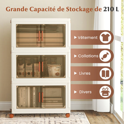 210L Foldable Storage Bins with Lids Set of 3 Stackable Plastic Storage Boxes with Wheels White Storage Containers