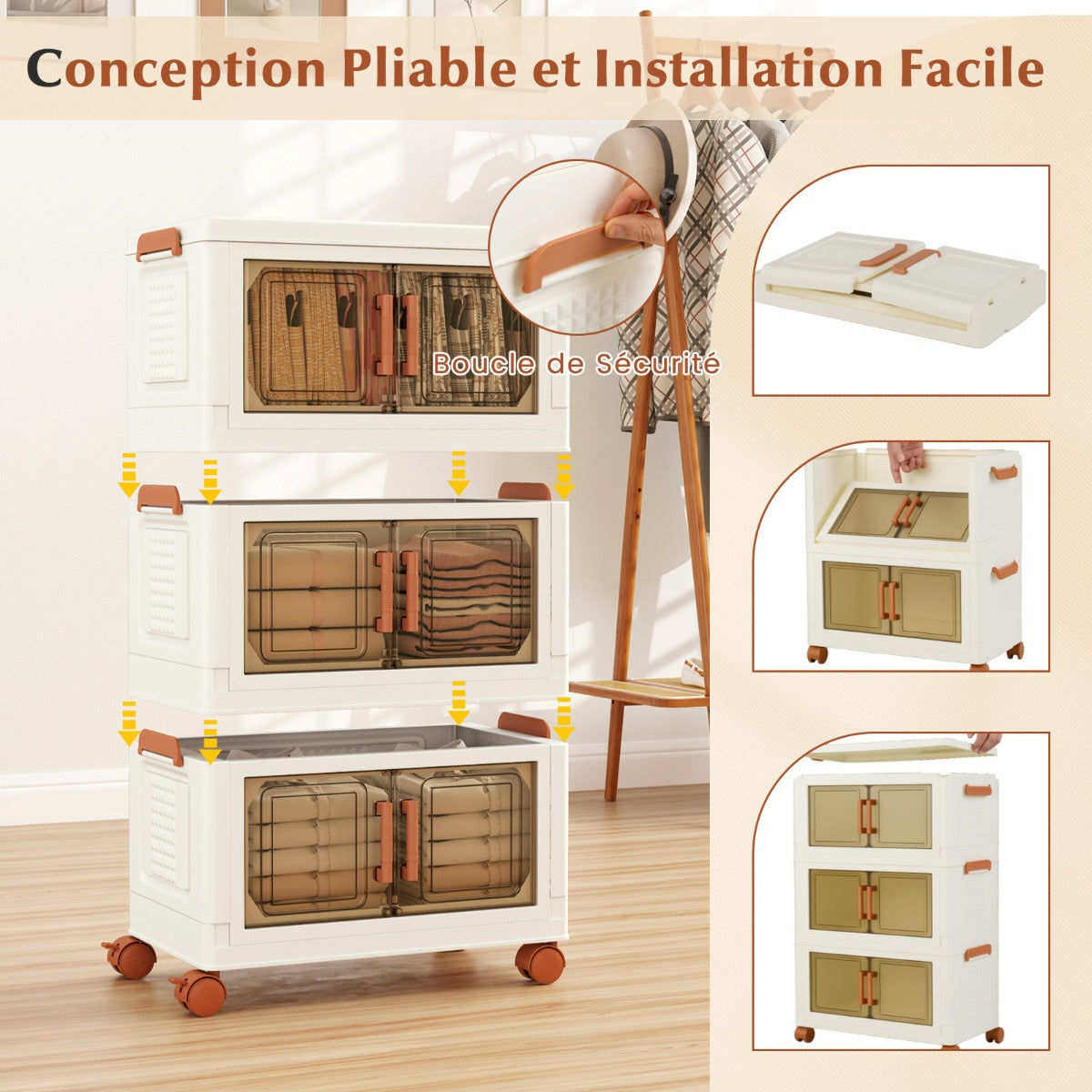 210L Foldable Storage Bins with Lids Set of 3 Stackable Plastic Storage Boxes with Wheels White Storage Containers
