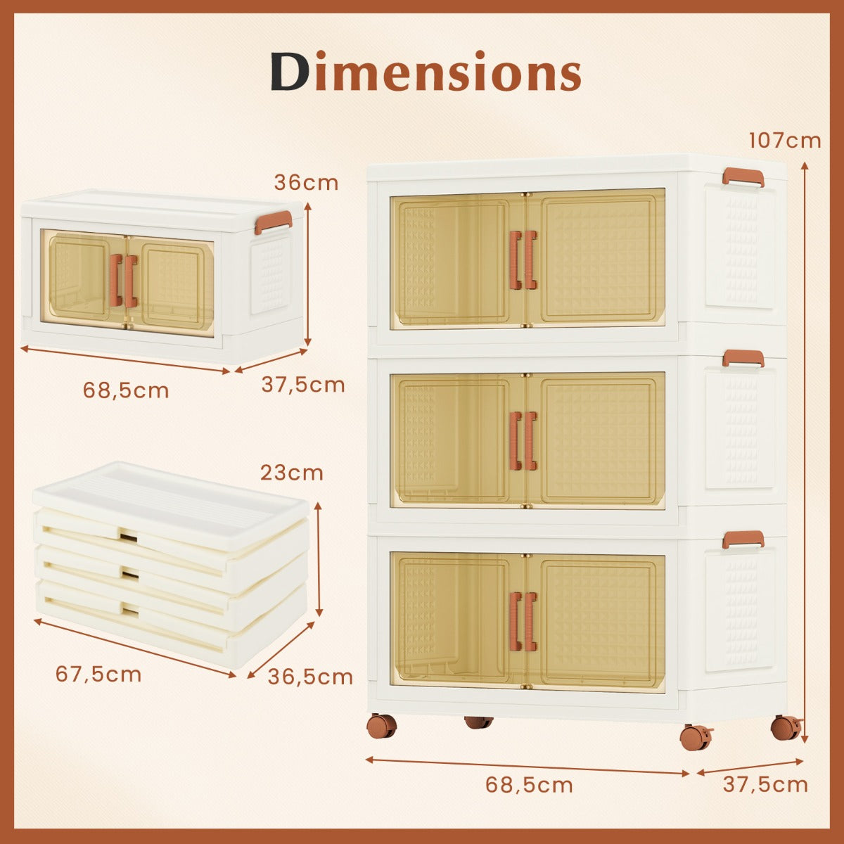 210L Foldable Storage Bins with Lids Set of 3 Stackable Plastic Storage Boxes with Wheels White Storage Containers