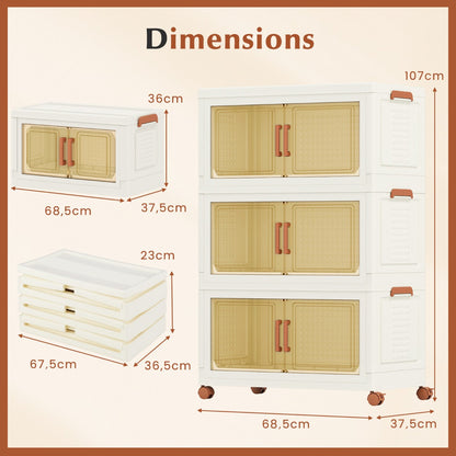210L Foldable Storage Bins with Lids Set of 3 Stackable Plastic Storage Boxes with Wheels White Storage Containers