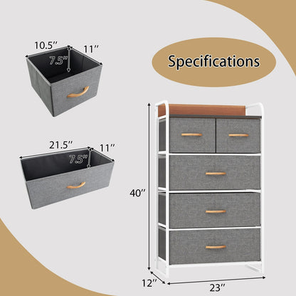 Vertical Dresser Storage Tower with Wooden Top and 5 Drawers-Grey