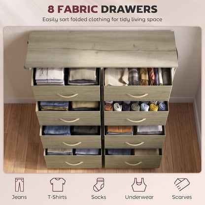HOMCOM Chest of Drawers, Dresser for Bedroom with 8 Fabric Drawers, Tall Storage Unit w/ Side Storage Bag, Natural Wood Finish