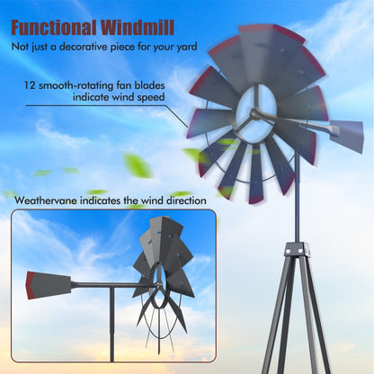 253cm Ornamental Windmill with 4 Support Legs for Backyard, Garden, Farm-Grey