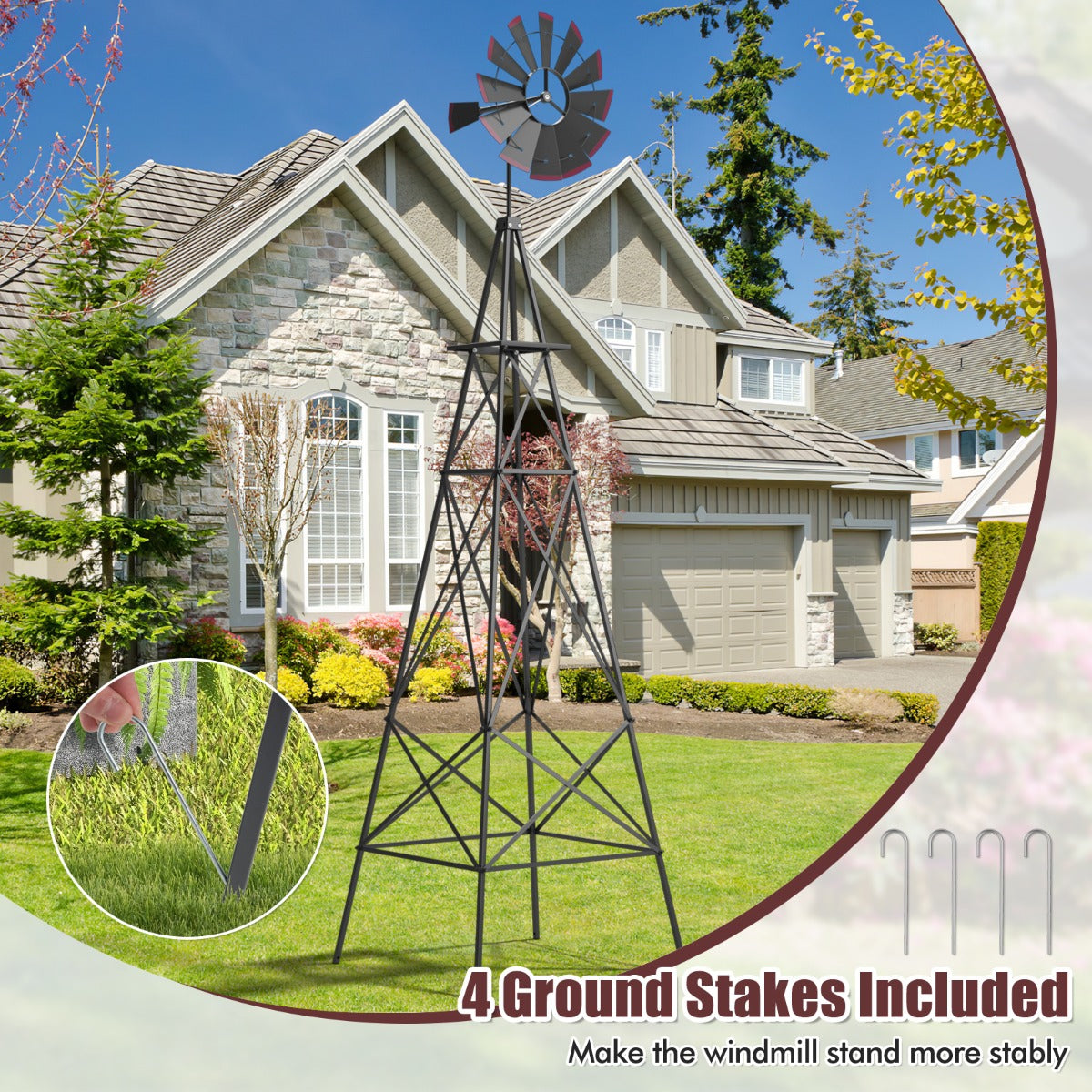 253cm Ornamental Windmill with 4 Support Legs for Backyard, Garden, Farm-Grey