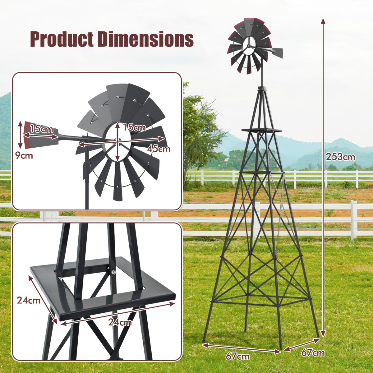 253cm Ornamental Windmill with 4 Support Legs for Backyard, Garden, Farm-Grey