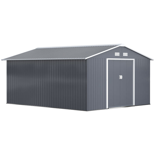 Outsunny 13 x 11ft Metal Garden Shed, Outdoor Storage Tool House with Ventilation Slots, Foundation Kit and Lockable Double Doors, Grey