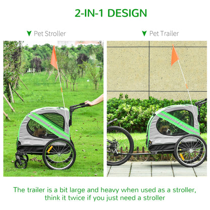 PawHut 2-In-1 Dog Bike Trailer Pet Stroller Pushchair with Universal Wheel Reflector Flag Green