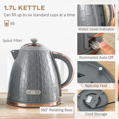 HOMCOM 1,7 l 3000 W czajnik do szybkiego gotowania i zestaw tostera na 2 kromki, zestaw czajnika i tostera z automatycznym wyłączaniem, sterowaniem brązowieniem, szary
