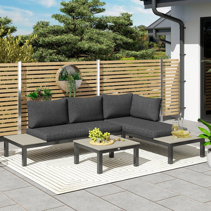 Outsunny 3 Pieces Garden Furniture Set, Aluminium 4 Seater Corner Sofa Set with 2 Loveseats, Coffee Table and Side Trays, Outdoor Conversation Furniture with Cushions for Garden, Dark Grey