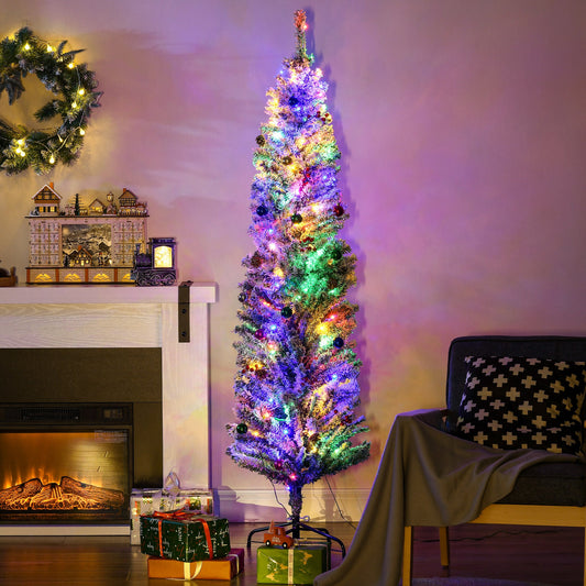 HOMCOM 6' Artificial Prelit Christmas Trees Holiday DŽcor with Colourful LED Lights, Flocked Tips, Berry, Pine Cone