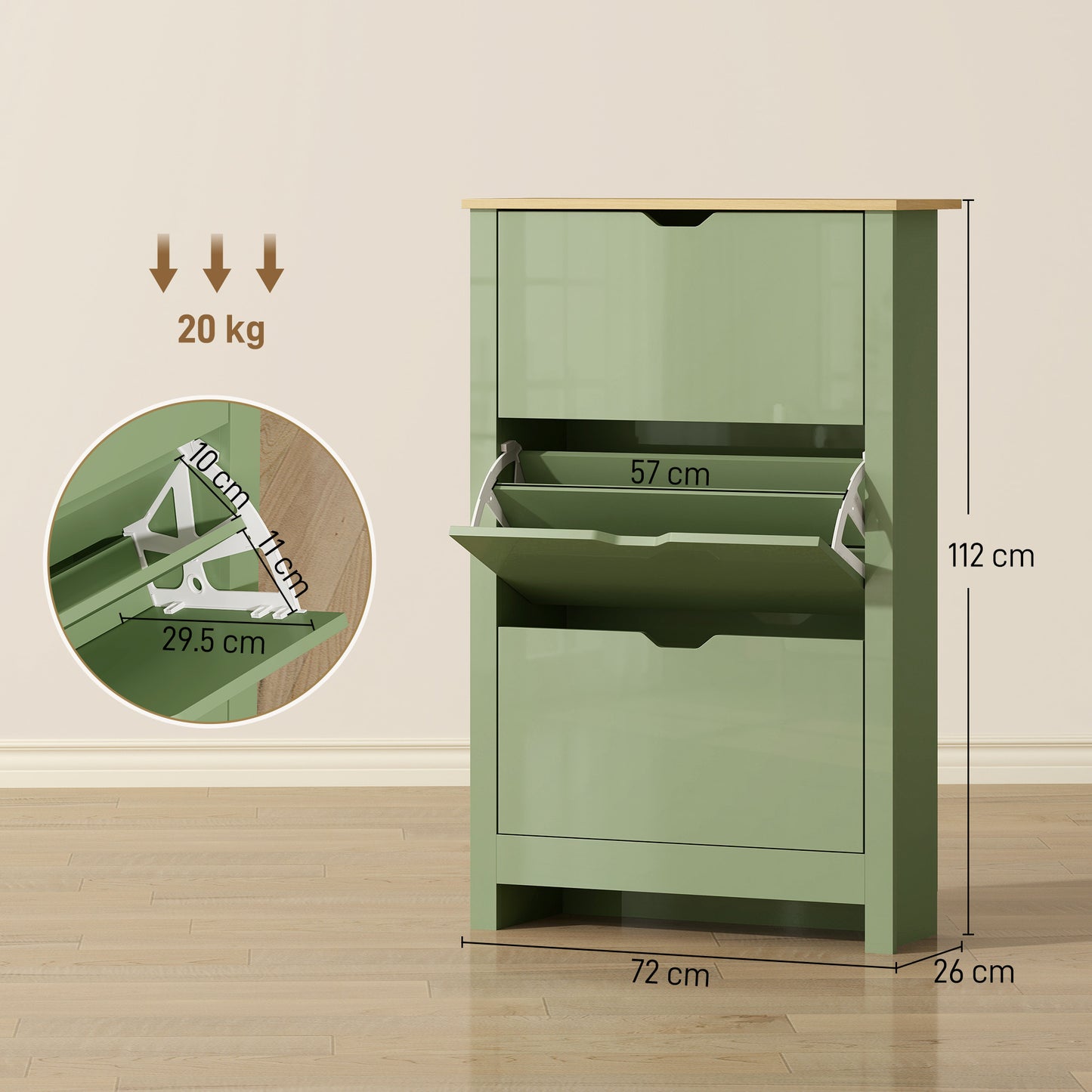 HOMCOM Slim Shoe Cabinet, Narrow Shoe Cupboard with 3 Flip Drawers, Adjustable Shelves for 18 Pairs of Shoes, High Gloss Green