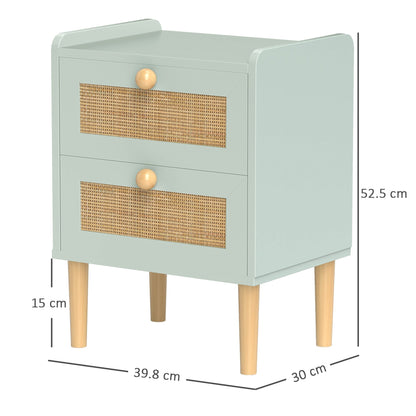 HOMCOM Bedroom Chest of Drawers, Boho Rattan Dresser with 2 Drawers, Storage Cabinet for Living Room, Hallway, Entryway, Olive Green