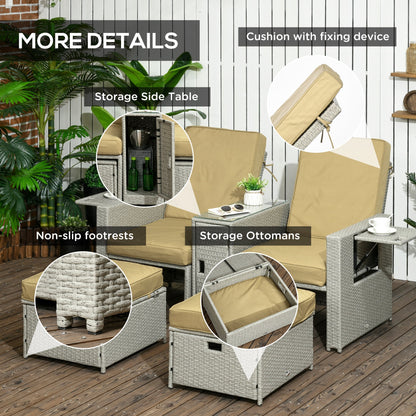 5 Piece PE Rattan Sun Lounger, Outdoor Wicker 5-level Adjustable Recliner Sofa Bed with Storage Side Table Footstools, for Patio, Garden - Beige