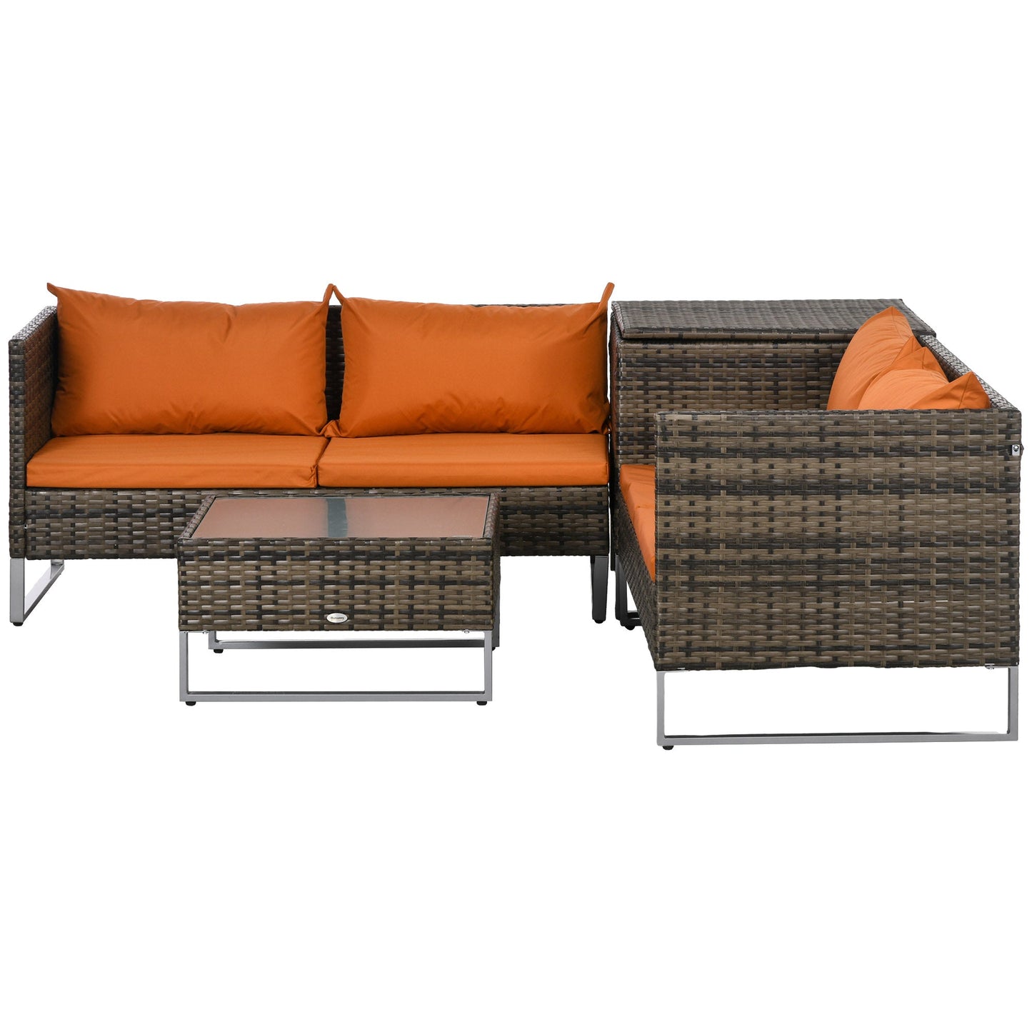 Outsunny 4 PCs Garden Rattan Wicker Outdoor Furniture Patio Corner Sofa Love Seat and Table Set with Cushions Side Desk Storage - Orange