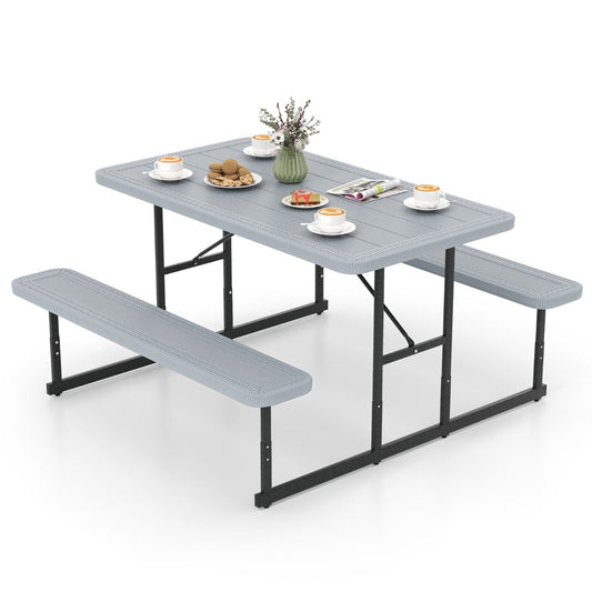 Outdoor Rectangular Camping Dining Table and 2 Benches with Umbrella Hole-Grey