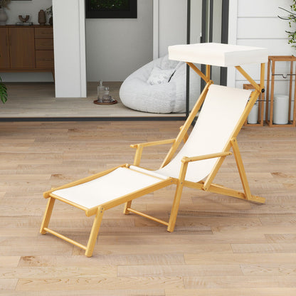 Birch Wood Chaise Lounge Chair with Adjustable Canopy Reclining Backrest and Footrest-Beige