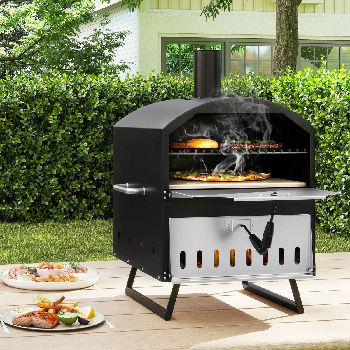 Outdoor 60cm Wood Fired Pizza Oven with Cooking Grills and Cover-Black