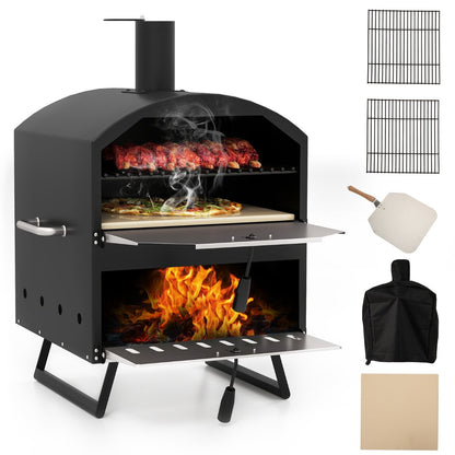 Outdoor 60cm Wood Fired Pizza Oven with Cooking Grills and Cover-Black