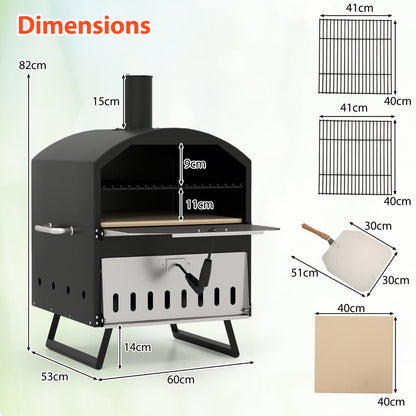 Outdoor 60cm Wood Fired Pizza Oven with Cooking Grills and Cover-Black