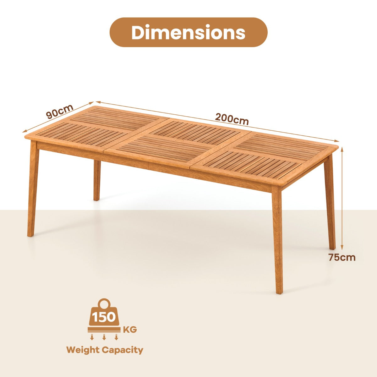 200 x 90cm Outdoor Acacia Wood Dining Table for 8 People