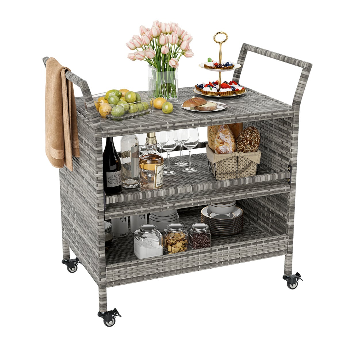 Outdoor Bar Cart 3-Tier Patio Rattan Storage Shelf Wicker Serving Table
