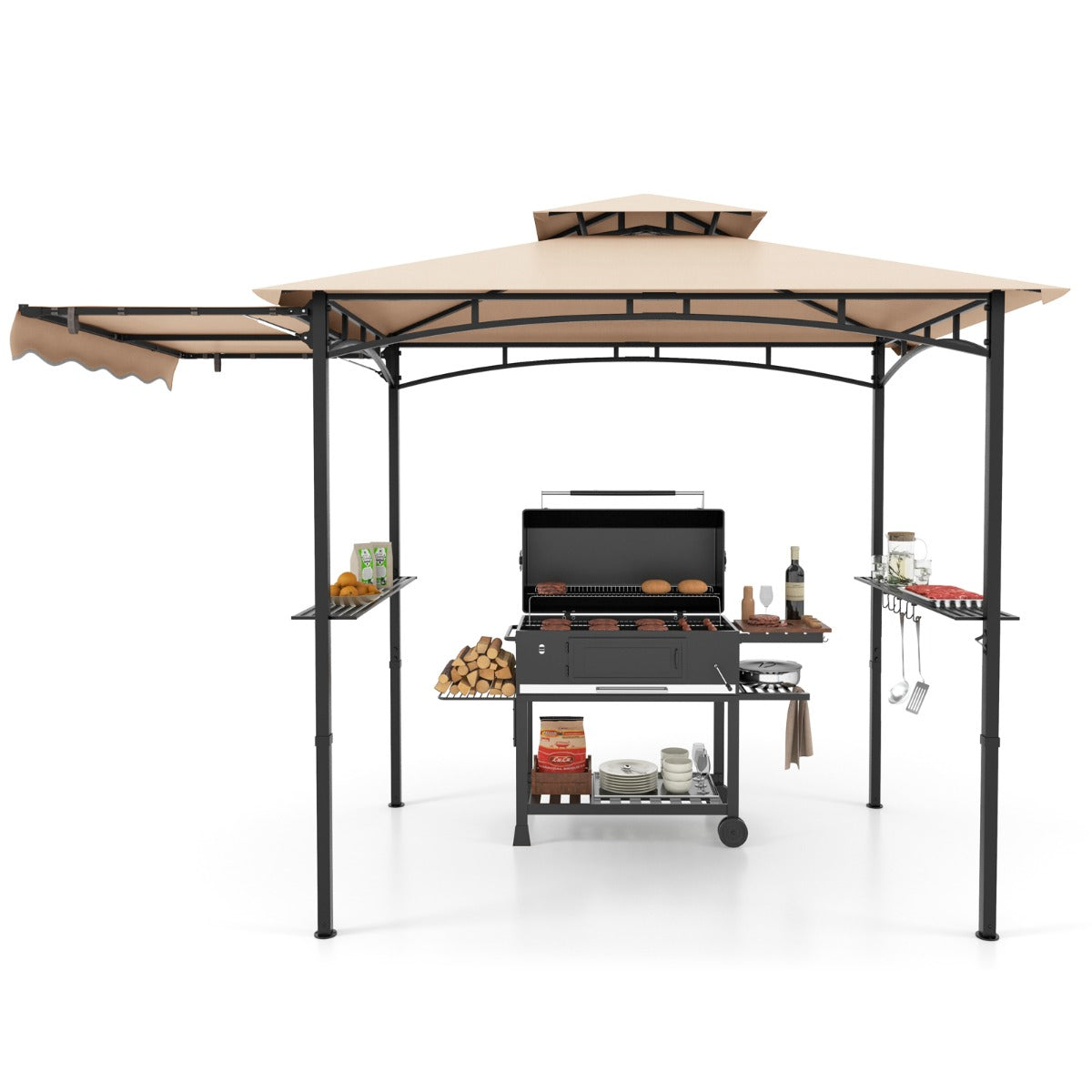 Outdoor Barbecue Canopy Tent Grill Gazebo with Side Awning-Beige