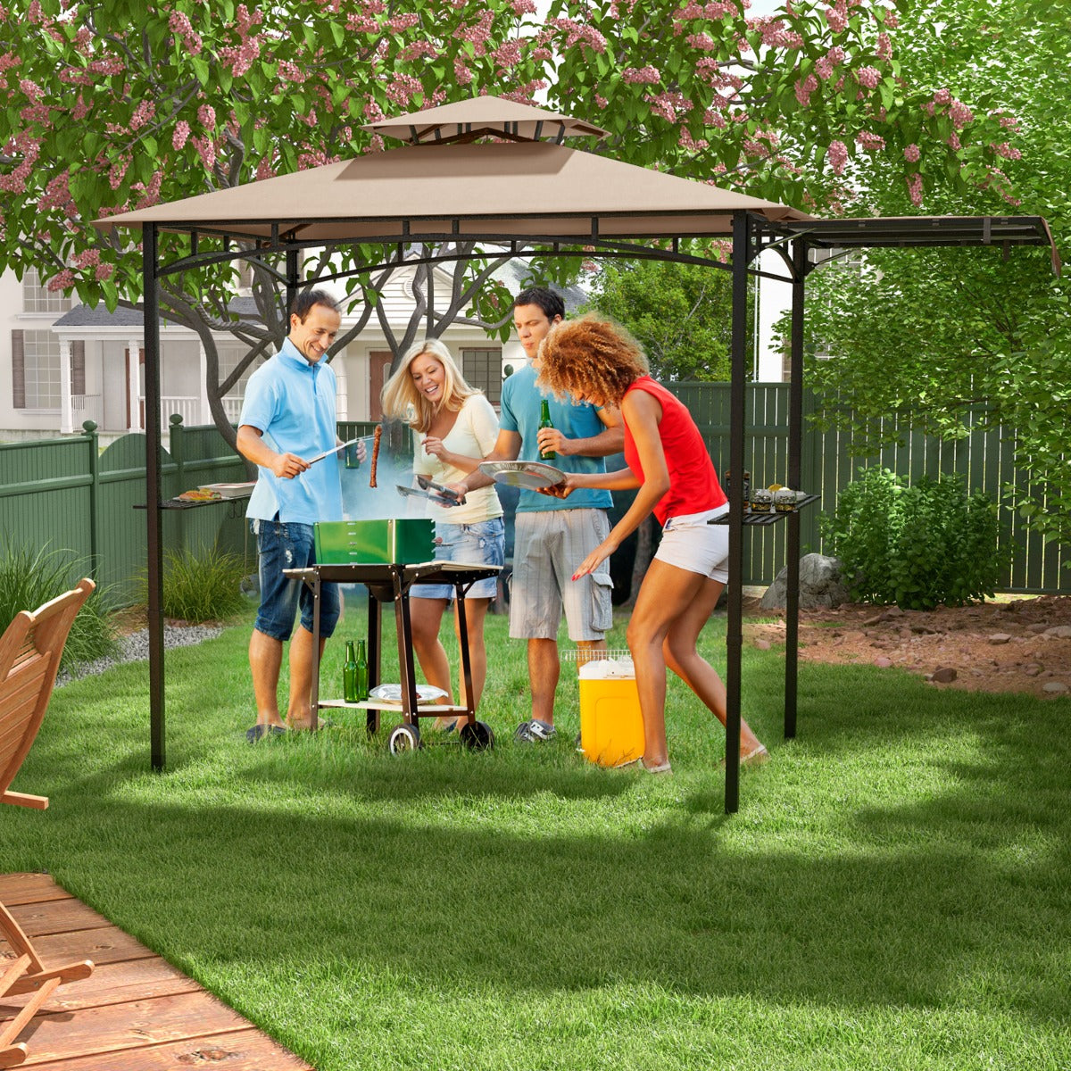 Outdoor Barbecue Canopy Tent Grill Gazebo with Side Awning-Beige