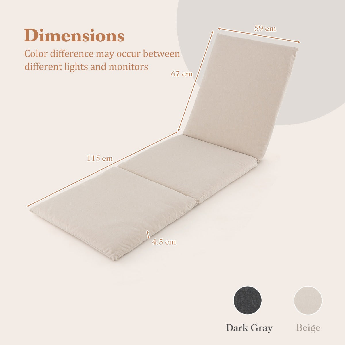 Folding Outdoor Chaise Lounge Cushion Patio Furniture Pad with Straps-Beige-2 Pieces