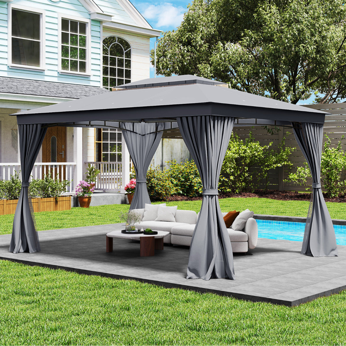 Outdoor Double-Roof Patio Gazebo Canopy Tent with Mesh Netting-Grey