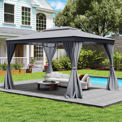 Outdoor Double-Roof Patio Gazebo Canopy Tent with Mesh Netting-Grey