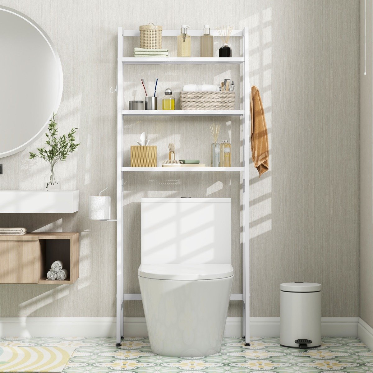 Over The Toilet Storage Shelf with Adjustable Adjustable Bottom Bar-White