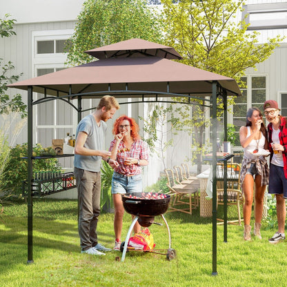 Outdoor Grill Gazebo Double Tiered BBQ Canopy Tent with 2 Side Shelves-Brown