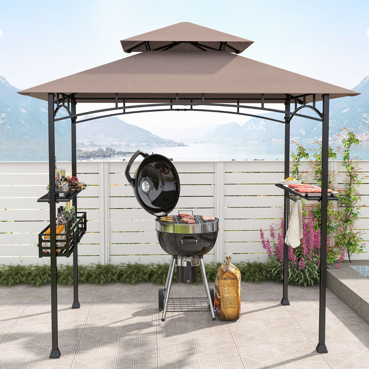 Outdoor Grill Gazebo Double Tiered BBQ Canopy Tent with 2 Side Shelves-Brown