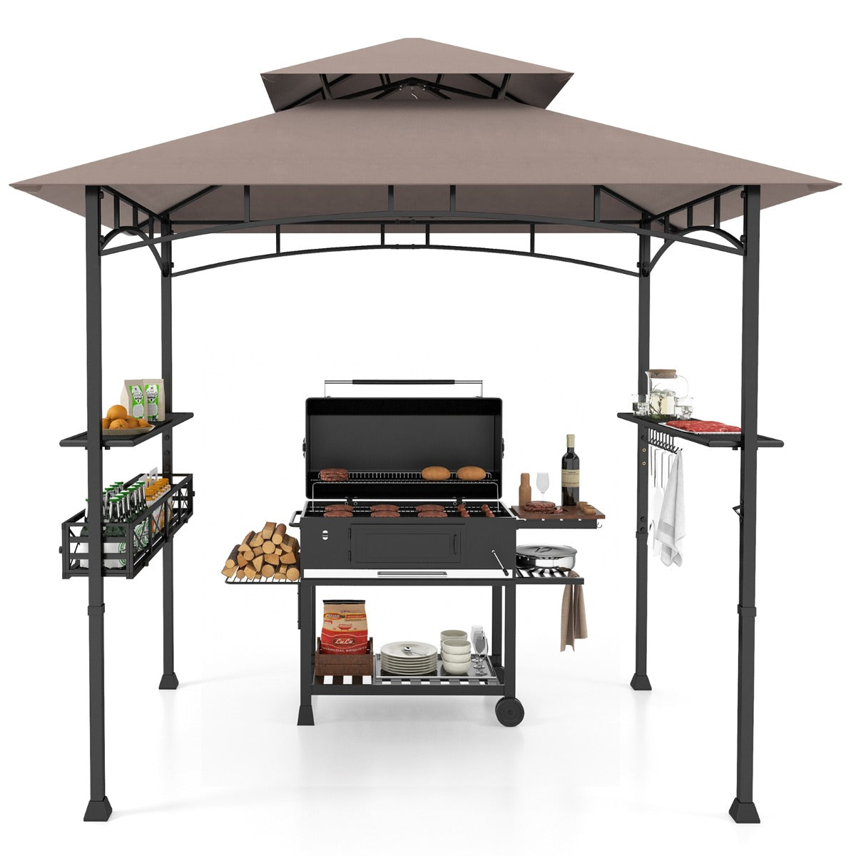 Outdoor Grill Gazebo Double Tiered BBQ Canopy Tent with 2 Side Shelves-Brown