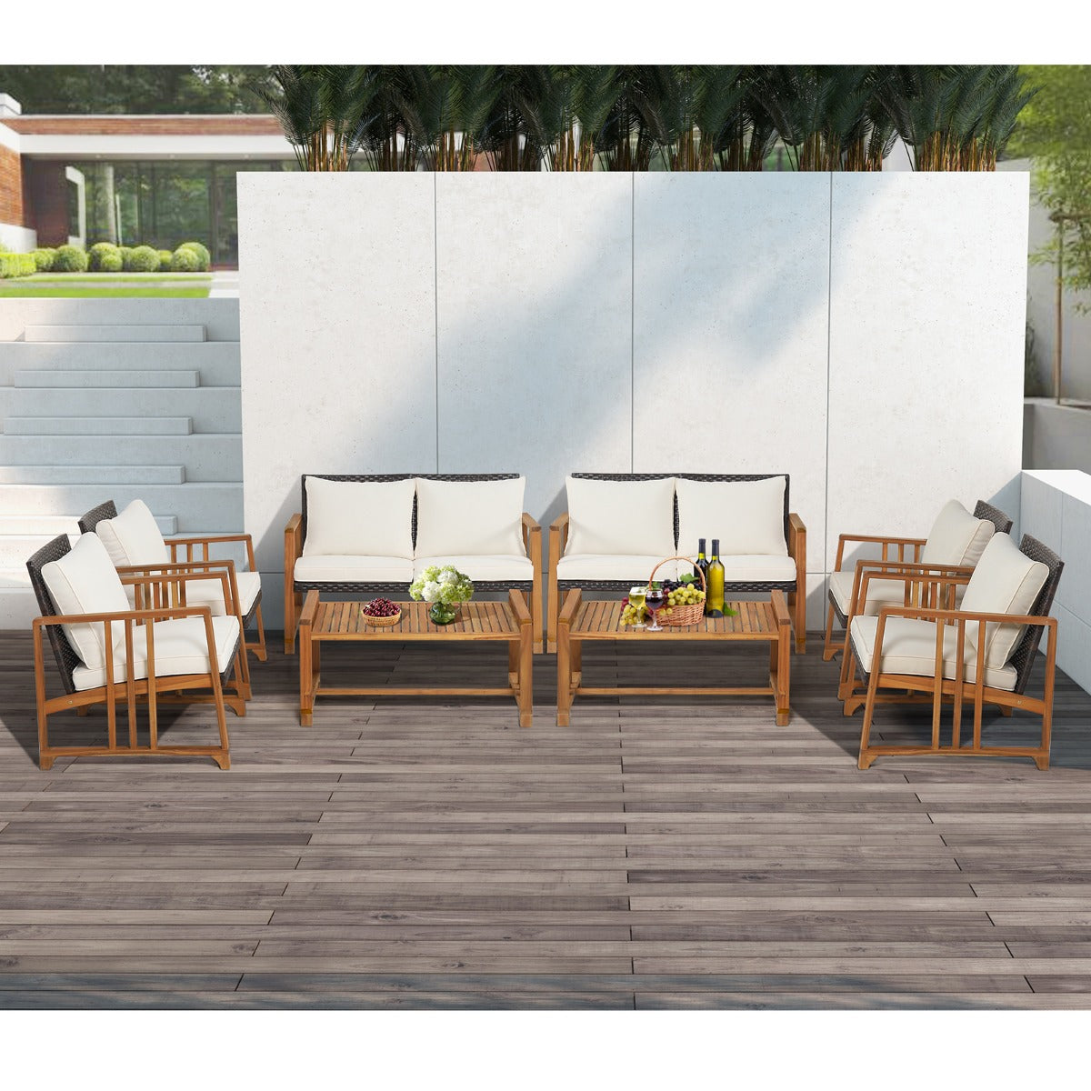 Outdoor Mix Brown Rattan Set with Acacia Wood Frame and Back Cushions-White