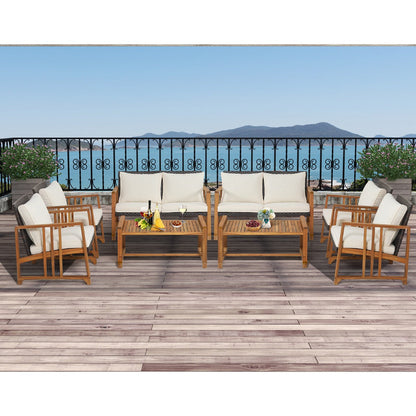 Outdoor Mix Brown Rattan Set with Acacia Wood Frame and Back Cushions-White