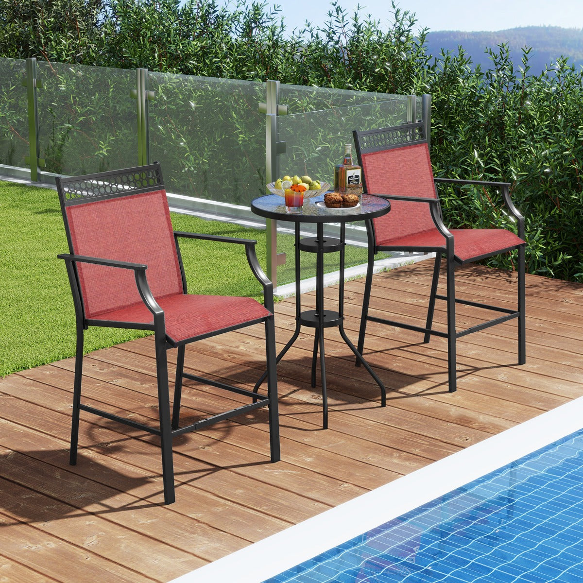 Outdoor Patio Chair Set of 2 with Footrest and High Back and Armrests-Red