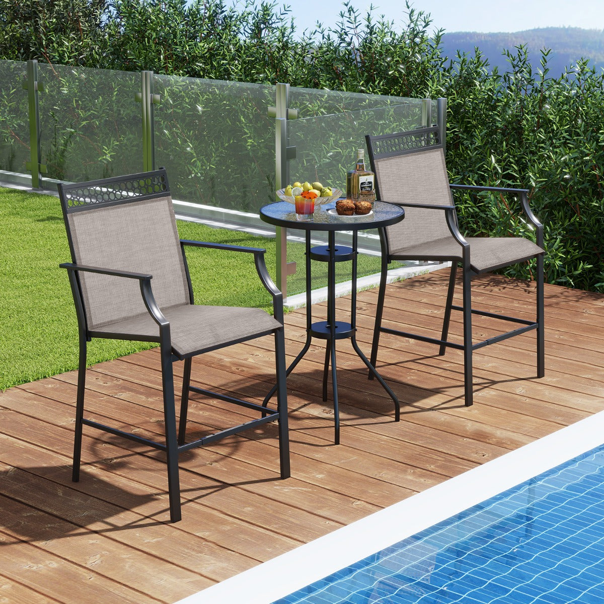 Outdoor Patio Chair Set of 2 with Footrest and High Back and Armrests-Grey